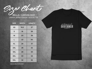 Size chart for Bella + Canvas 3001 unisex jersey t-shirt with measurements.