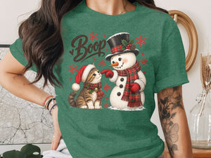 Snowman booping kitten with Santa hat and text "Boop."