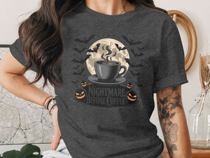 "Nightmare Before Coffee" text with a steaming cup, moon, bats, and pumpkins.