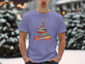 Purple t-shirt with a colorful, abstract Christmas tree design.