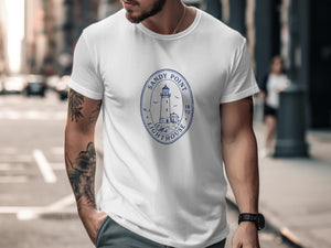 White t-shirt with blue Sandy Point Lighthouse graphic and established date.