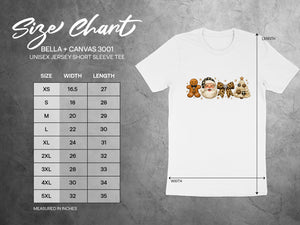 Bella + Canvas 3001 size chart for unisex short sleeve tee measured in inches.