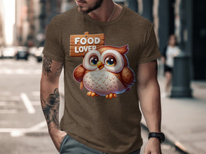 Brown t-shirt with cartoon owl and "FOOD LOVER" sign graphic.