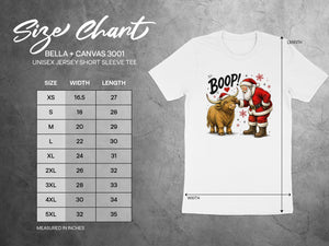 Bella + Canvas 3001 unisex tee size chart with Santa and Highland cow graphic.