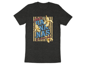 Graphic t-shirt with text "that's BANANAS go bananas daily" and bananas.