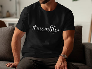 Black t-shirt with white text "#momlife" and a heart graphic.