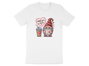 Gnome holding book with a latte and heart. "Love you a latte" text.
