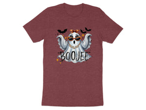 Ghost with sunglasses and "Boojee" text on a maroon t-shirt with bats and stars.