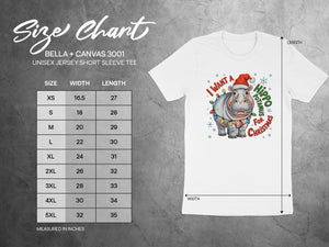 BELLA + CANVAS 3001 unisex short sleeve tee size chart with hippopotamus Christmas graphic.