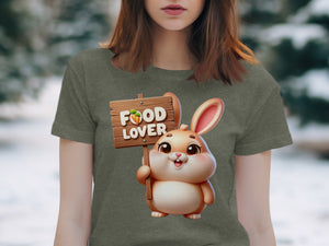 Cartoon rabbit holding a wooden sign that says "FOOD LOVER"
