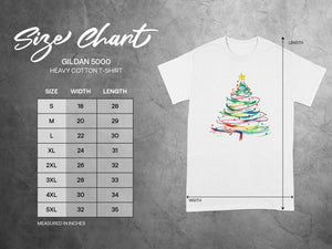 Gildan 5000 Heavy Cotton T-Shirt size chart with width and length in inches.