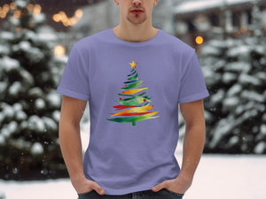 Light purple t-shirt with watercolor Christmas tree design on a snowy background.