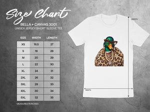 Size chart for BELLA + CANVAS 3001 unisex short sleeve tee with measurements.