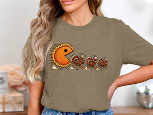Pumpkin pie character chasing fleeing turkeys in cartoon style.