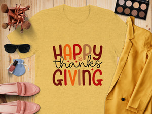 Yellow t-shirt with "Happy Thanksgiving" text, surrounded by fashion accessories.