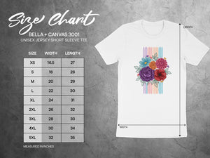 Bella + Canvas 3001 size chart with floral graphic on white t-shirt.