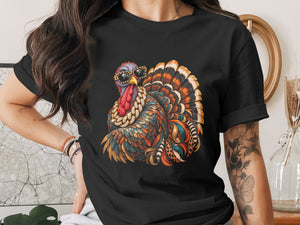 Black t-shirt featuring a colorful, bejeweled turkey wearing leopard print sunglasses.