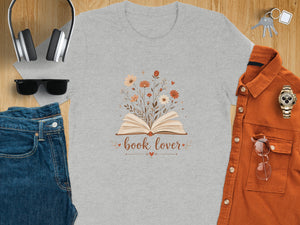 Gray t-shirt with open book and flowers artwork, says "book lover."