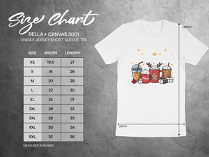 Bella + Canvas 3001 unisex t-shirt size chart with width and length measurements in inches.
