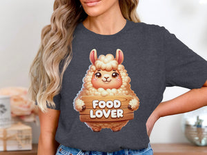 Cartoon llama holding a wooden sign with "FOOD LOVER" text.