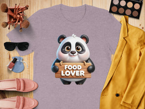 Lavender t-shirt with a cute panda holding a "Food Lover" sign.
