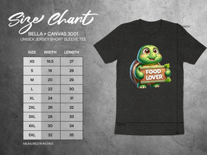 BELLA+CANVAS 3001 size chart for unisex short sleeve tee with cartoon turtle.
