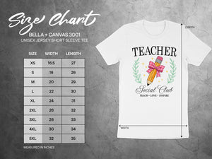 Size chart for Bella + Canvas 3001 unisex short sleeve tee, measured in inches.