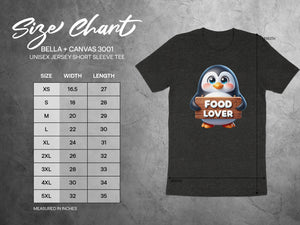 Bella + Canvas 3001 unisex jersey tee size chart with measurements and a penguin graphic.