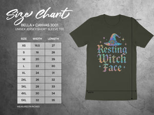 BELLA+CANVAS 3001 size chart includes width and length measurements in inches.