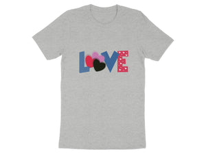 Grey t-shirt with the word "LOVE" in stylized block letters with hearts.