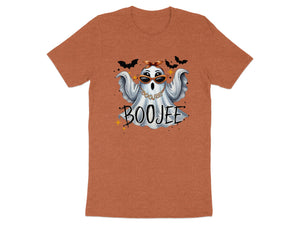Boojee ghost with sunglasses and bats on an orange t-shirt.