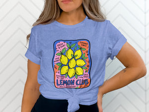 Purple t-shirt with a graphic saying "LEMON CLUB" and images of lemons.