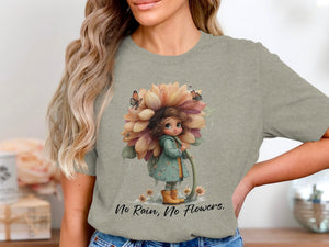 Girl with flower umbrella, watering can, and butterflies. "No Rain, No Flowers."