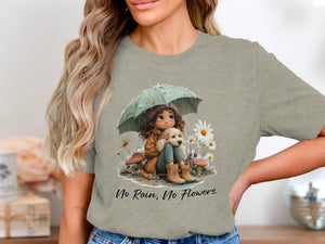 Illustration of girl with dog under umbrella, "No Rain, No Flowers" text.