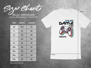 Size chart for Bella + Canvas 3001 unisex t-shirt with graphic.