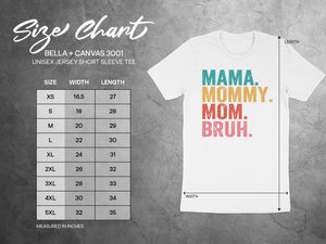 BELLA + CANVAS 3001 unisex tee size chart showing width and length in inches.