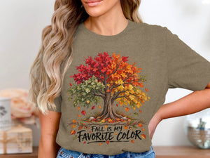 T-shirt graphic with a colorful fall tree and the text "Fall is my favorite color."