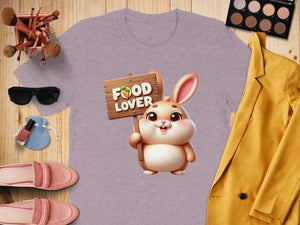 T-shirt with cartoon bunny holding "FOOD LOVER" sign and carrot graphic.