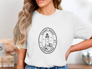 Sandy Point Lighthouse N.J. 1872 graphic on white t-shirt.