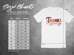 Bella + Canvas 3001 unisex tee size chart with width and length measurements in inches.