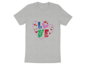 Grey t-shirt with colorful "LOVE" text and hearts graphic.