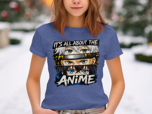 Blue t-shirt with "It's All About the Anime" graphic featuring stylized anime eyes.