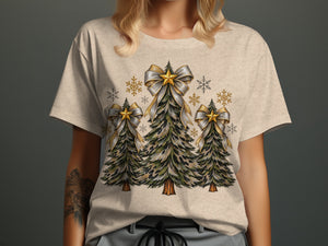 Three decorated Christmas trees with bows and stars, surrounded by snowflakes.
