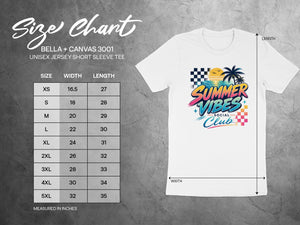 Bella + Canvas 3001 unisex tee size chart with width and length measurements in inches.