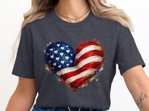 Dark grey t-shirt with a distressed American flag heart graphic.