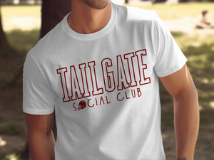 White t-shirt with "TAILGATE SOCIAL CLUB" and a football helmet graphic.