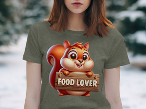 Cartoon squirrel on grey t-shirt holding wooden sign that says "FOOD LOVER".