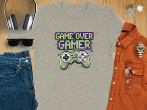 Grey t-shirt with "GAME OVER GAMER" text and video game controller graphic.