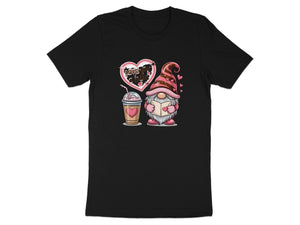 Gnome reading and coffee cup with text "Love You A Latte" on a black t-shirt.