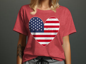 Red t-shirt with a distressed heart-shaped American flag graphic on the chest.